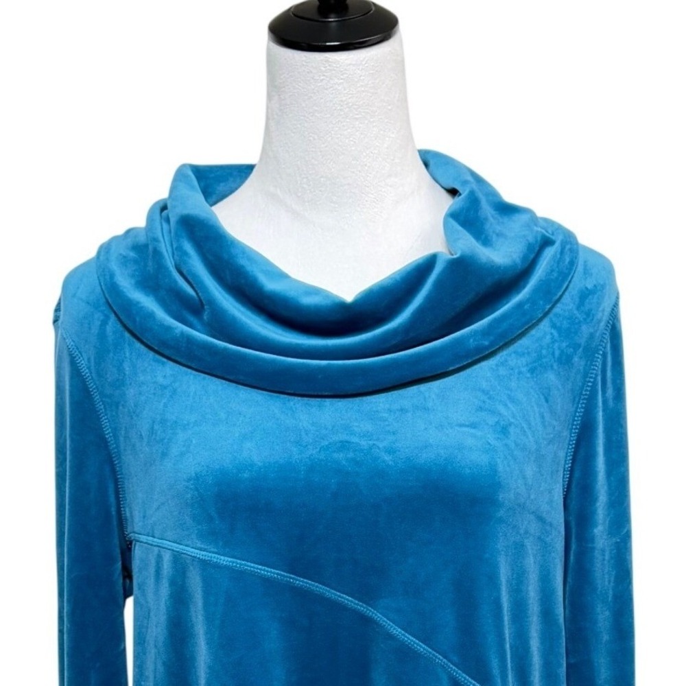 Ali Miles Top Medium Blue Velour Velvet‎ Cowl Neck 3/4 Sleeve Stretch Pullover